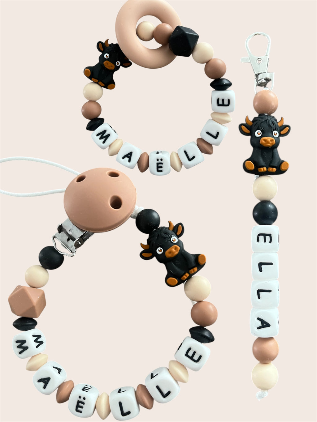 Coffret TRIO naissance Vache - Attache tétine, Porte-clés et anneau de dentition personnalisés