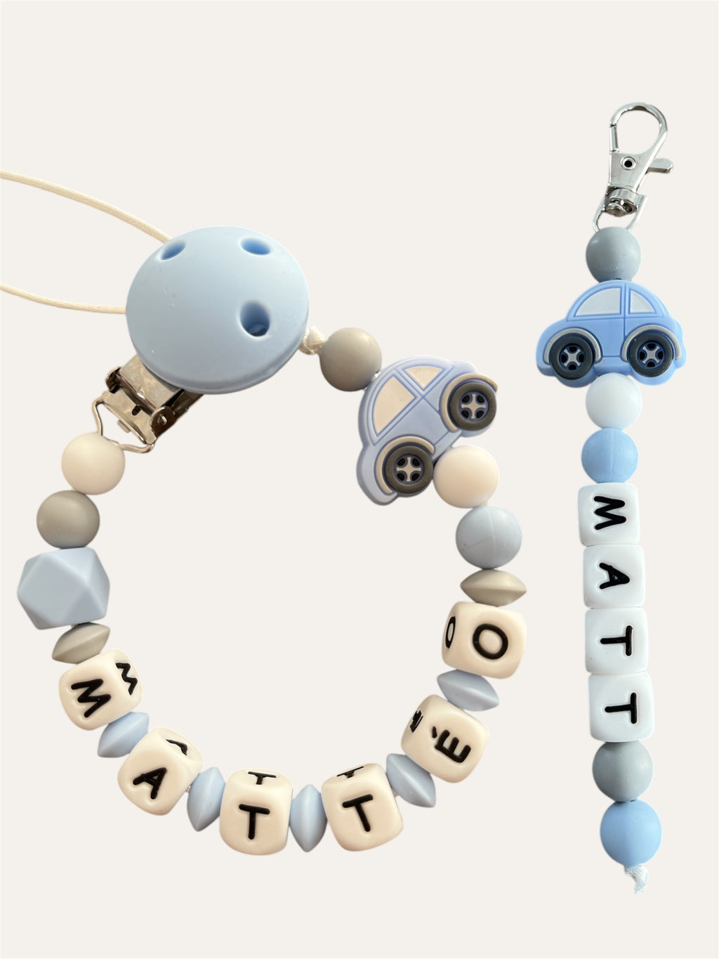 Coffret DUO cadeaux Voiture - Attache tétine et Porte-clés à personnaliser