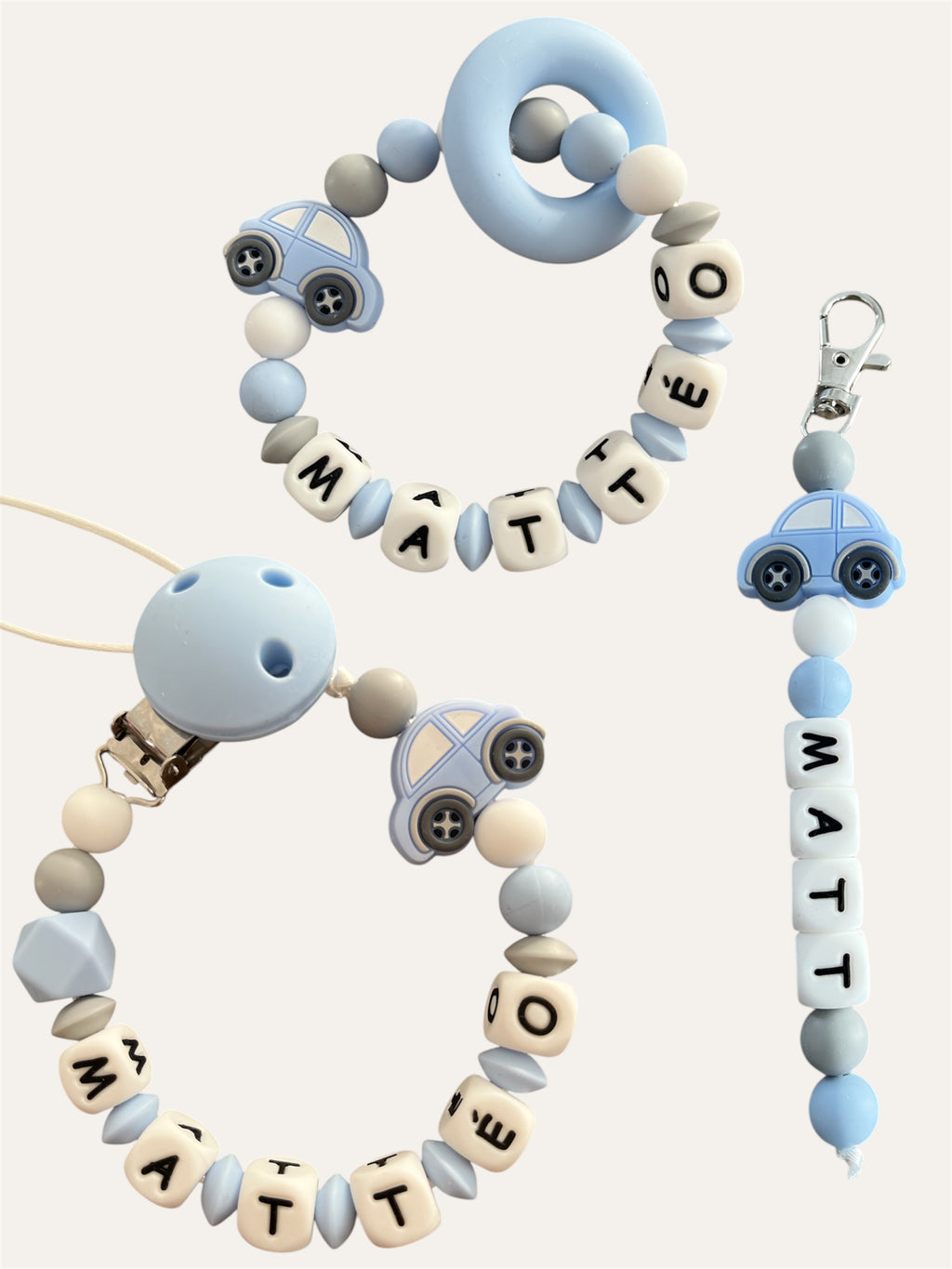 Coffret TRIO cadeaux Voiture - Attache tétine, Porte-clés et anneau de dentition personnalisés