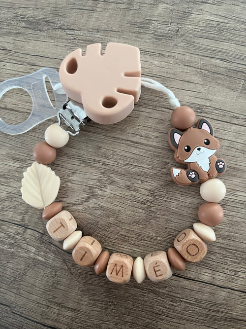 Attache tétine Renard Nature Bois personnalisée