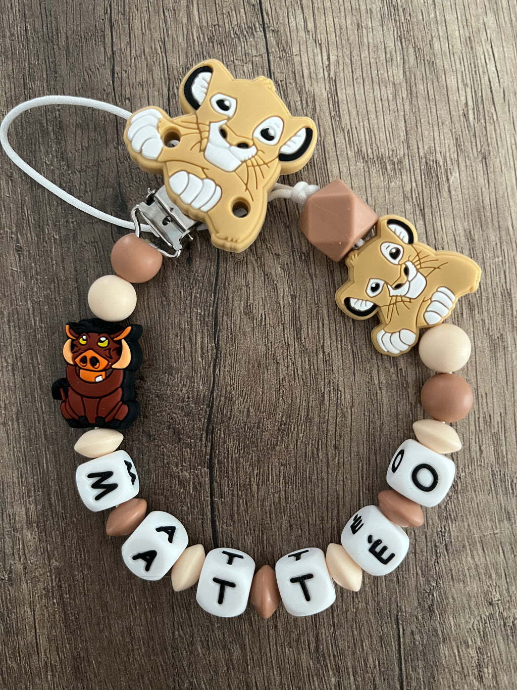 Attache tétine Roi Lion Simba Pumba personnalisée