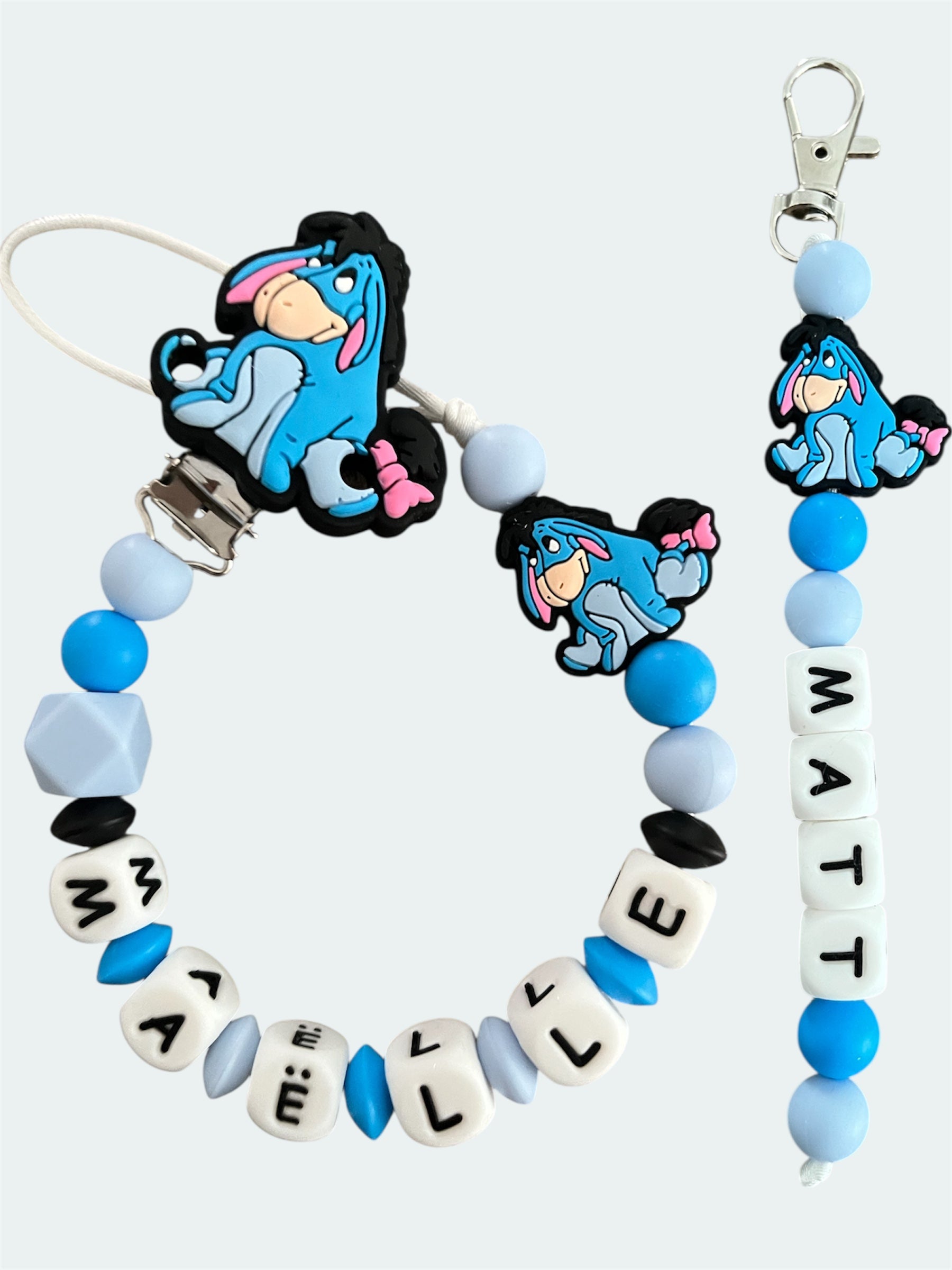 Coffret DUO cadeaux Bourriquet - Attache tétine et Porte-clés personnalisés