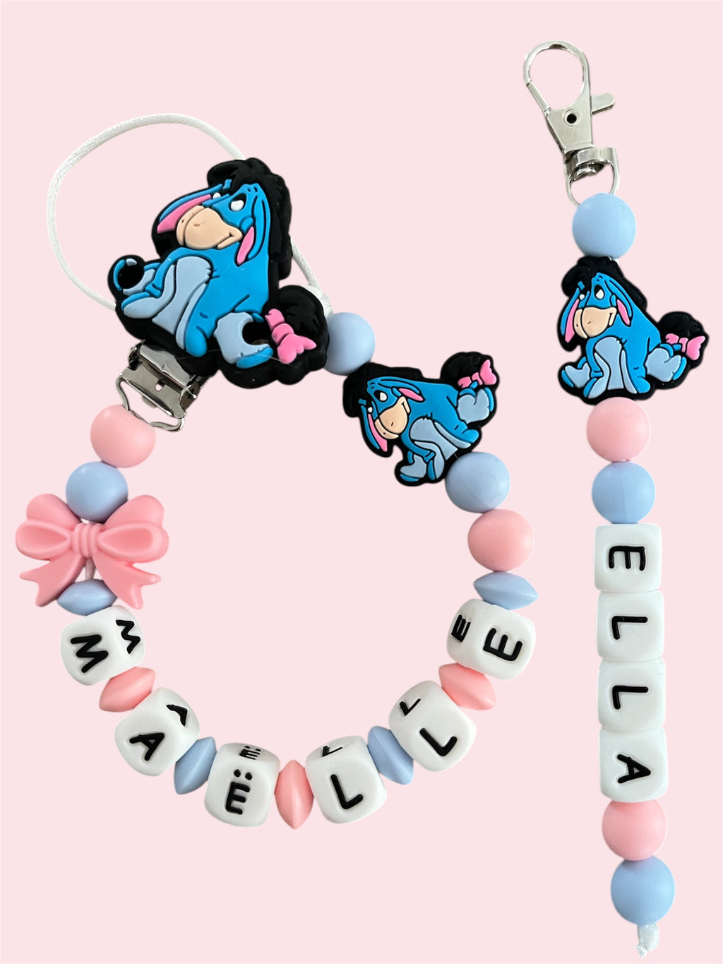 Coffret DUO cadeaux Bourriquet - Attache tétine et Porte-clés personnalisés