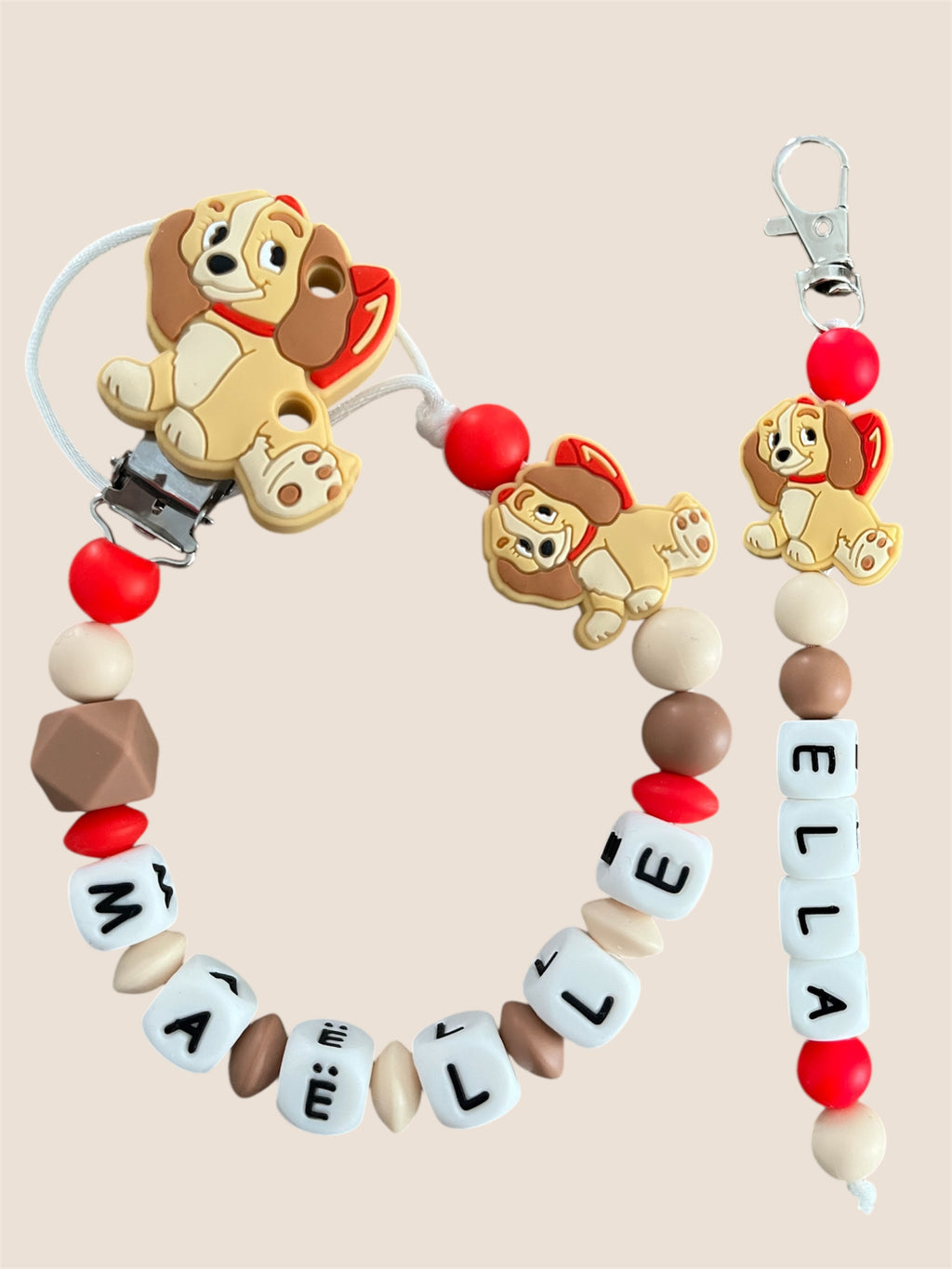 Coffret DUO cadeaux chien Belle - Attache tétine et Porte-clés personnalisés