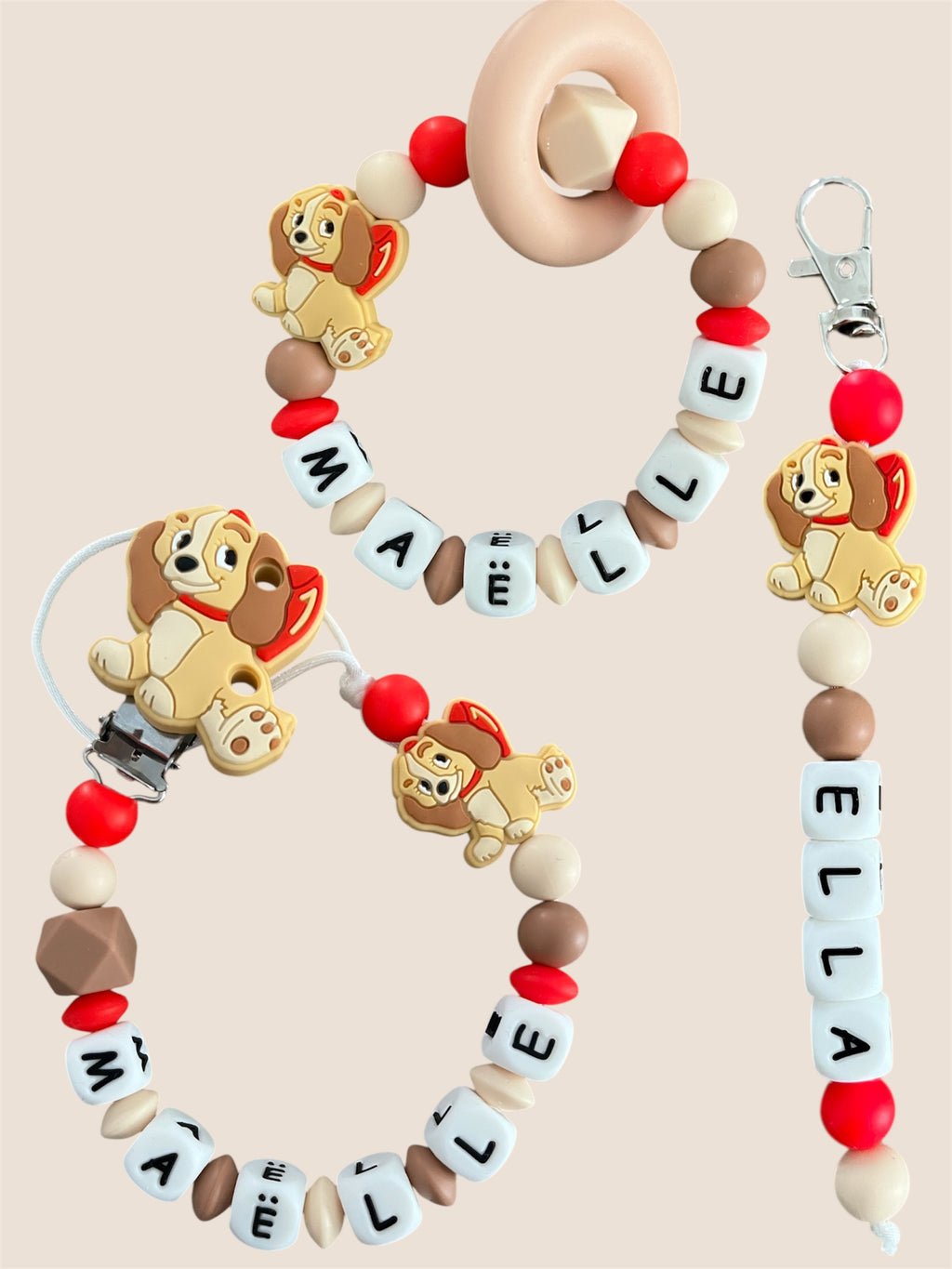 Coffret TRIO cadeaux Belle - Attache tétine, Porte-clés et anneau de dentition personnalisés