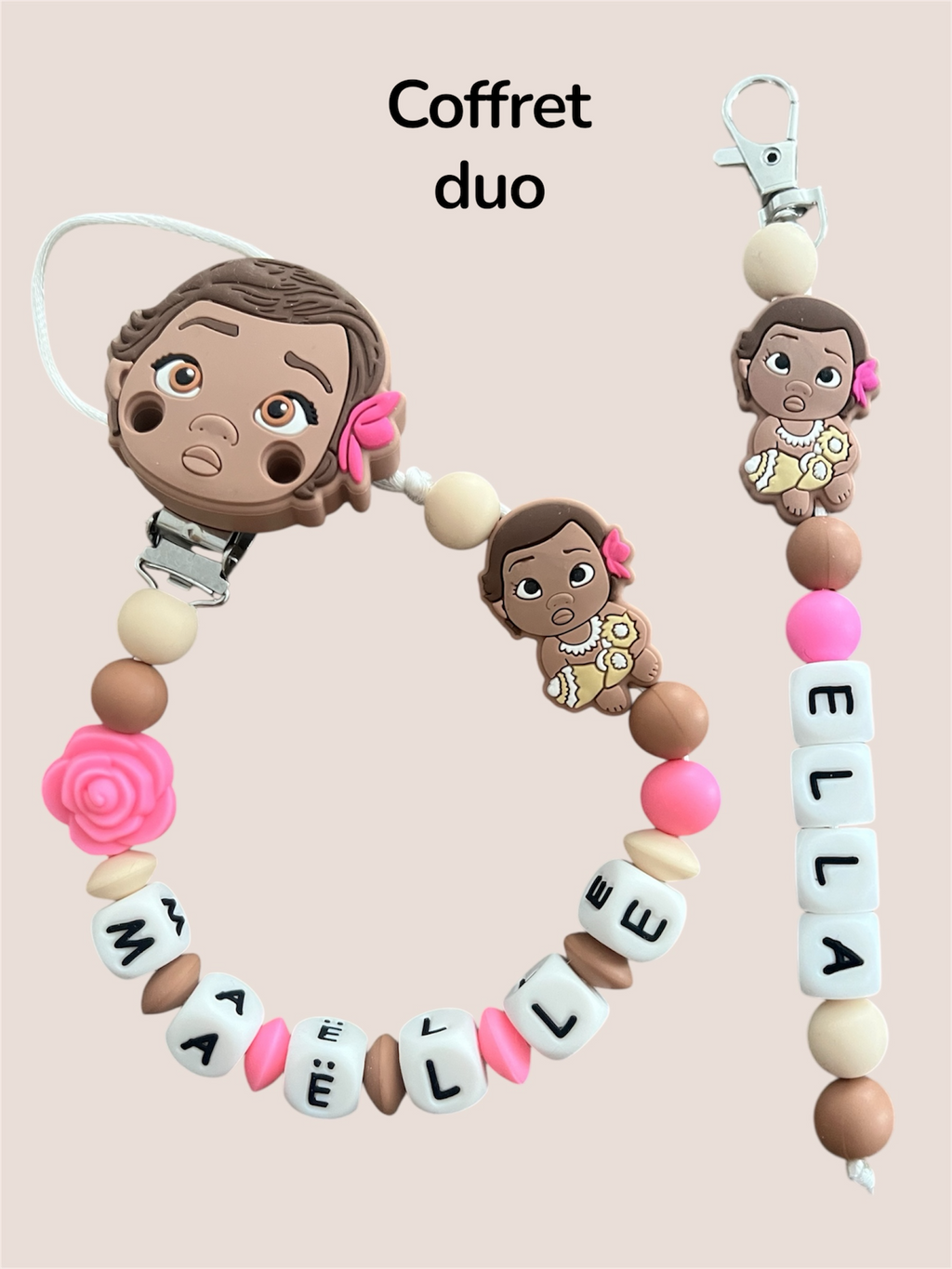 Coffret DUO cadeaux Vaiana - Attache tétine et Porte-clés personnalisés