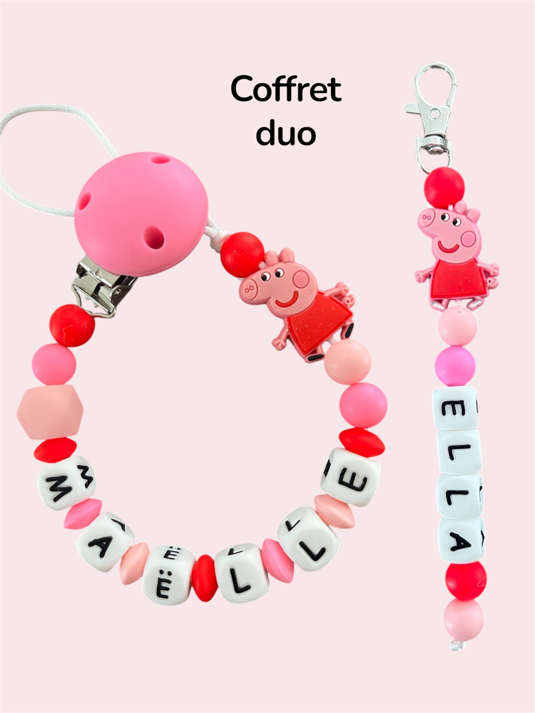 Coffret DUO cadeaux Peppa Pig - Attache tétine et Porte-clés à personnaliser