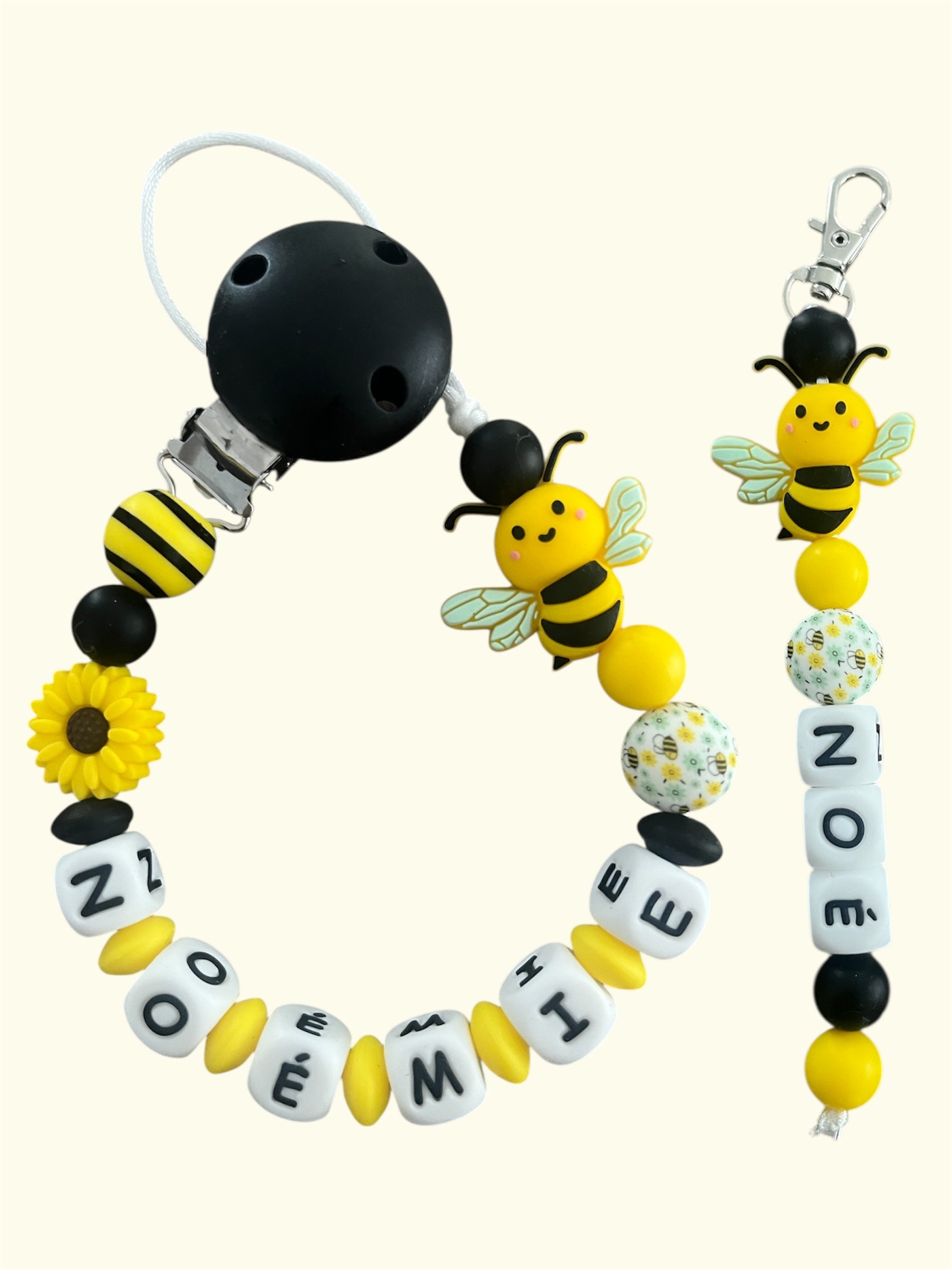Coffret DUO cadeaux Abeille - Attache tétine et Porte-clés à personnaliser