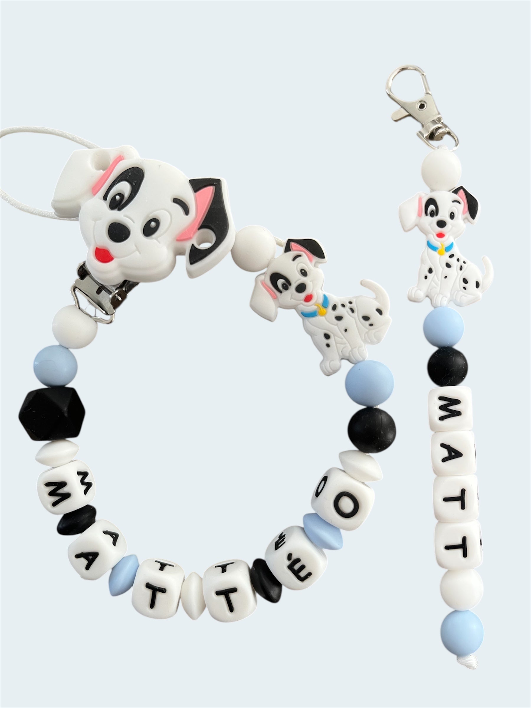 Coffret DUO cadeaux 101 Dalmatiens - Attache tétine et Porte-clés personnalisés