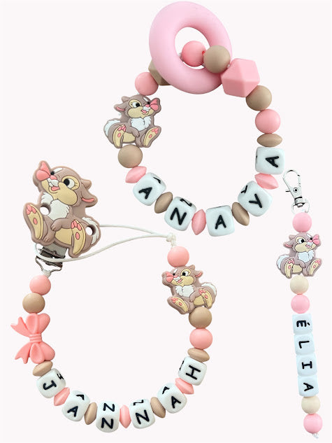 Coffret TRIO cadeaux Lapin Pan Pan Miss Bunny - Attache tétine,Porte-clés et anneau de dentition personnalisés KidCreationArtisanat