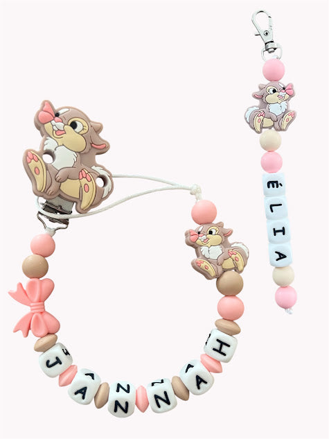 Coffret DUO cadeaux Lapin Pan Pan Miss Bunny - Attache tétine et Porte-clés personnalisés KidCreationArtisanat