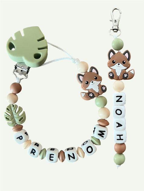 Coffret cadeaux Renard - Attache tétine et Porte-clés ou Anneau de dentition personnalisés KidCreationArtisanat