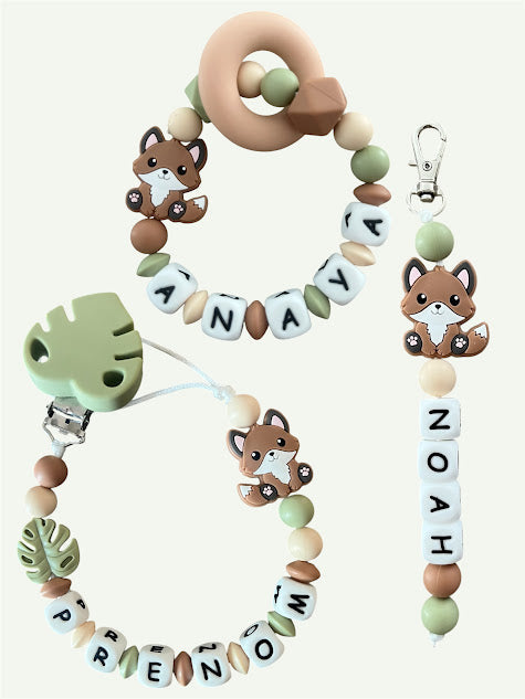 Coffret TRIO cadeaux Renard - Attache tétine, Porte-clés et Anneau de dentition personnalisés KidCreationArtisanat