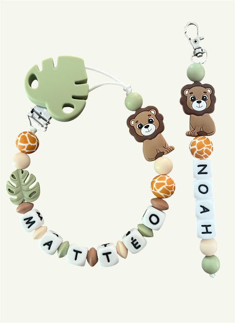 Coffret DUO cadeaux Lion - Attache tétine et Porte-clés ou Anneau de dentition personnalisés KidCreationArtisanat