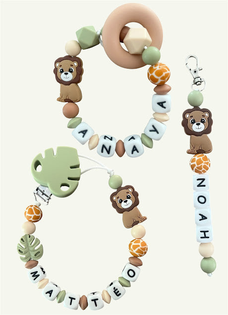 Coffret TRIO cadeaux Lion - Attache tétine, Porte-clés et Anneau de dentition personnalisés KidCreationArtisanat
