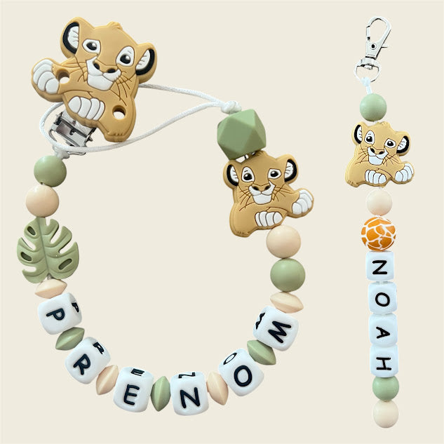Coffret DUO cadeaux Lion - Attache tétine et Porte-clés ou Anneau de dentition personnalisés (Copie) KidCreationArtisanat