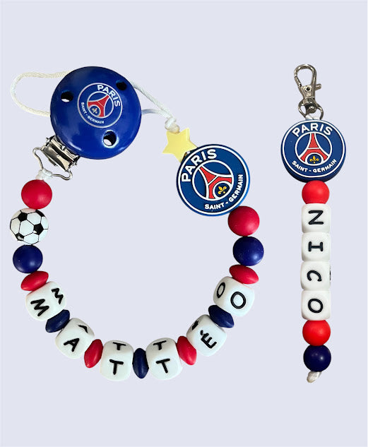 Coffret DUO PSG Football Bébé - Attache tétine et Porte-clés personnalisés KidCreationArtisanat