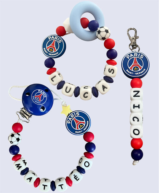 Coffret TRIO PSG Football Bébé - Attache tétine, Porte-clés et anneau de dentition personnalisés KidCreationArtisanat