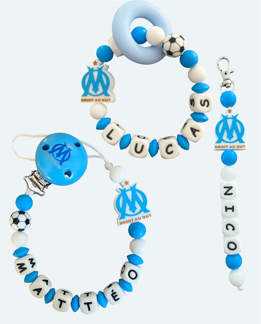 Coffret TRIO OM Football Bébé - Attache tétine, Porte-clés et anneau de dentition personnalisés KidCreationArtisanat