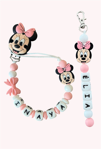 Coffret DUO Minnie Bébé - Attache tétine et Porte-clés personnalisés KidCreationArtisanat