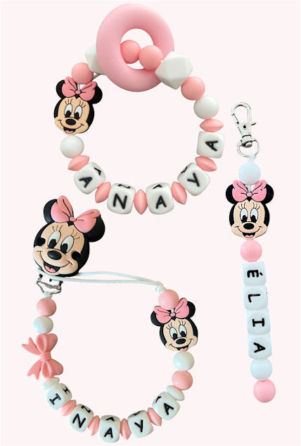 Coffret TRIO Minnie Bébé - Attache tétine, Porte-clés et anneau de dentition personnalisés KidCreationArtisanat