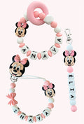 Coffret TRIO Minnie Bébé - Attache tétine, Porte-clés et anneau de dentition personnalisés KidCreationArtisanat