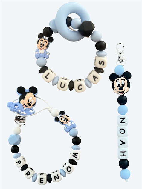 Coffret TRIO Mickey Bébé - Attache tétine, Porte-clés  et anneau de dentition personnalisés KidCreationArtisanat