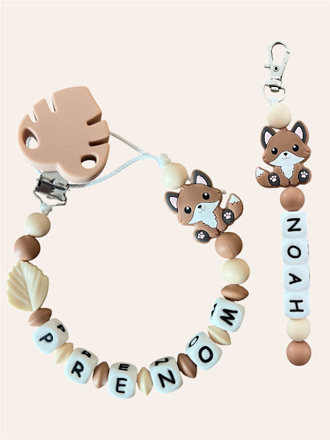 Coffret cadeaux Renard - Attache tétine et Porte-clés ou Anneau de dentition personnalisés KidCreationArtisanat