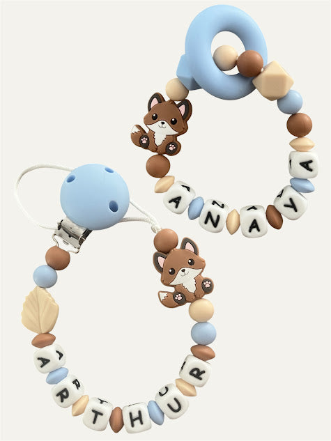 Coffret cadeaux Renard - Attache tétine et Porte-clés ou Anneau de dentition personnalisés KidCreationArtisanat