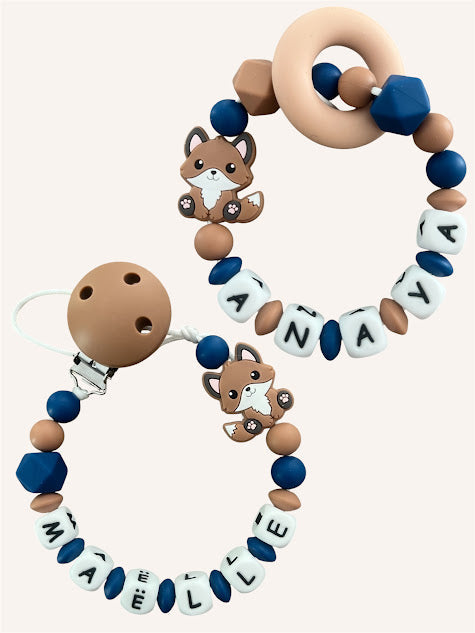 Coffret cadeaux Renard - Attache tétine et Porte-clés ou Anneau de dentition personnalisés KidCreationArtisanat