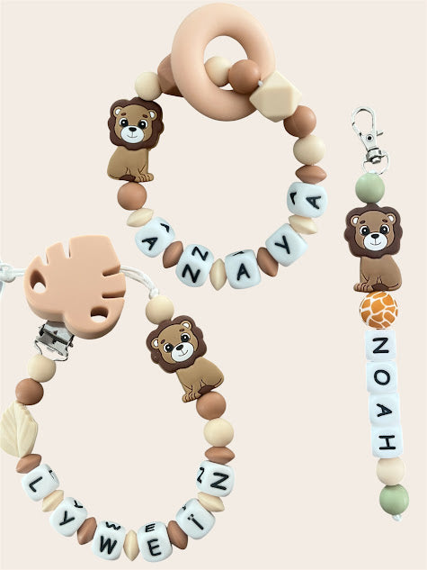 Coffret TRIO cadeaux Lion - Attache tétine, Porte-clés et Anneau de dentition personnalisés KidCreationArtisanat