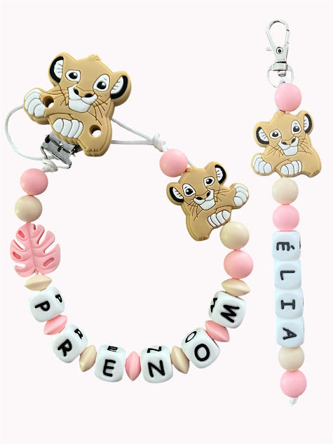 Coffret DUO cadeaux Lion - Attache tétine et Porte-clés ou Anneau de dentition personnalisés (Copie) KidCreationArtisanat