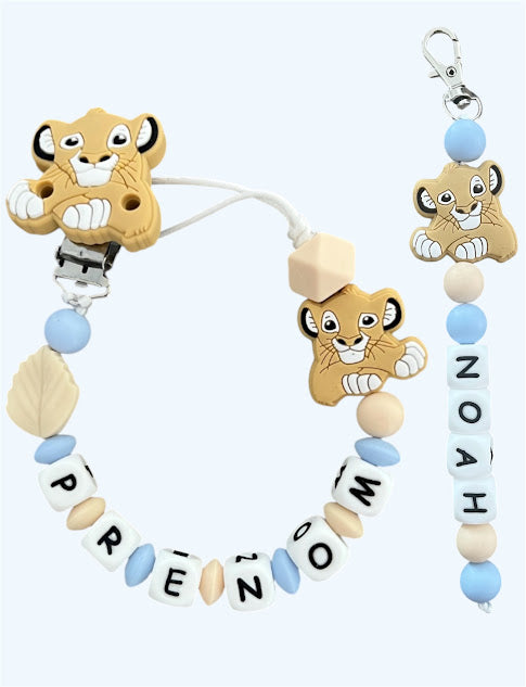 Coffret DUO cadeaux Lion - Attache tétine et Porte-clés ou Anneau de dentition personnalisés (Copie) KidCreationArtisanat