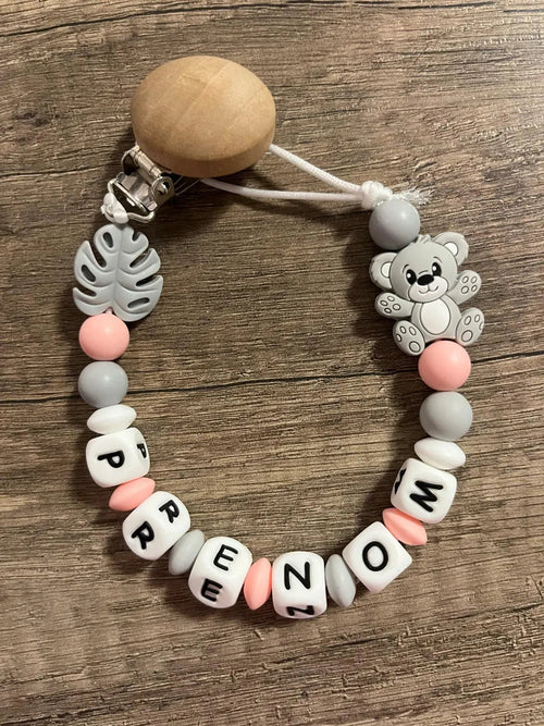 Attache tétine Ourson gris ou beige personnalisée KidCreationArtisanat