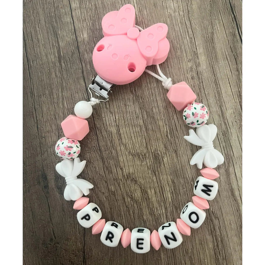 Attache tétine Fleur Minnie rose personnalisée KidCreationArtisanat