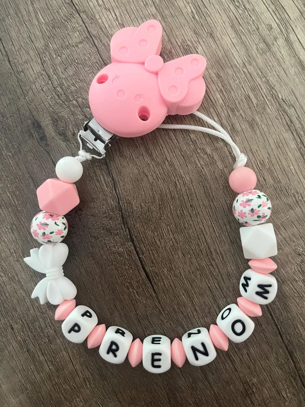 Attache tétine Fleur Minnie rose personnalisée KidCreationArtisanat